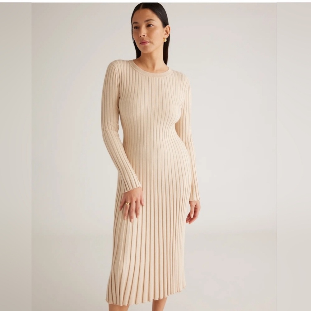 Quince Heather Oatmeal Ribbed Long-Sleeve Knit Midi Dress